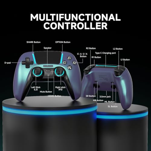 ASRVA Chrome Blue Wireless Pro Controller for PS5,4 Back Buttons,Hall Effect Joystick(No Drift),Micro-Switch,Gyro,Macro,1000mAh,RGB,Compatible with PS5/Pro/Slim/PC/iOS/Android - color: Chrome Blue