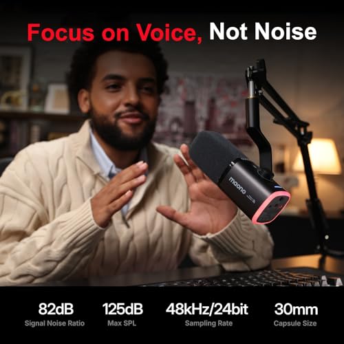 MAONO PD100W Wireless USB Dynamic Microphone, Gaming PC Mic with One-Click Noise Reduction,Mute Button,Custom RGB,3.5mm Headphone Jack,Software, Podcast Streaming Mic (Desktop(USB-C Receiver), Black) - color: Black