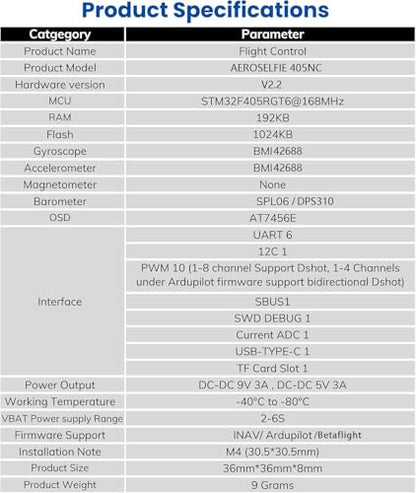 AERO SELFIE F405NC Drone Flight Controller, 2-10S LiPo, BMI42688 IMU, SPL06/DPS310 Barometer, OSD, 6 UART, 10 PWM, BEC 5V/9V, MicroSD Slot, Supports Betaflight, Ardupilot, INAV