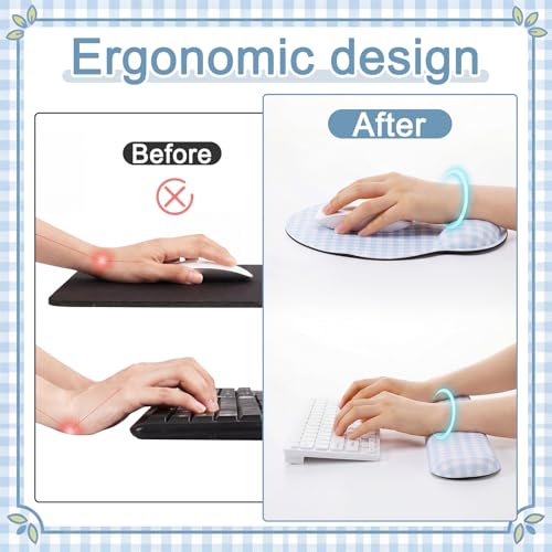 Tellegloww Wrist Rest Support for Mouse Pad&Keyboard Set, Blue Gingham Checkered Circle Curved Ergonomic Mousepad&Coaster Non-Slip Base Design for Office Home Laptop Desktop Computer Keyboard - color: Blue