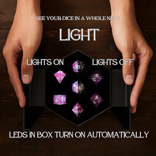 Iridescent DND Dice Set with Glowing LED Display Box – Sharp Edge Polyhedral Dice with Mesmerizing Finish | Bonus Stickers Included | Dungeons and Dragons (TTRPG) Dice Set - color: (Non-liquid Core) Iridescent - Feybound