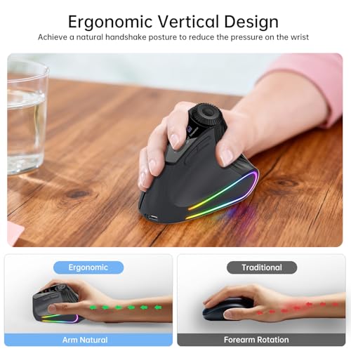 Ergonomic Vertical Mouse Wireless, Rechargeable Bluetooth Ultra-Fast Scrolling 4800 DPI Ergo Mouse, 2.4G Quiet Clicks 6 Buttons RGB Optical Mice, 3 Multi-Device Connectivity for Mac, Laptop - color: Black