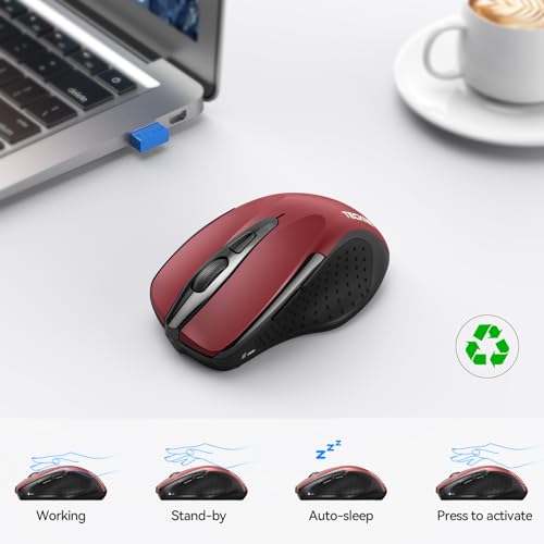 TECKNET Wireless Mouse, BT 5.0/2.4G, Silent 4800 DPI 6 Buttons, Red | Bluetooth 5.0/3.0 & USB A, 2-Device Easy Switch, Wide OS Compatible, 6-DPI, Ergonomic for S/M Hands, Extended Battery - color: Red