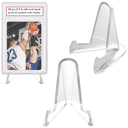 LRANFOW Thickened Acrylic Card Stands Mini Easel Holder, Sports Card Stands, Trading Graded Card Stand for Displaying Pocket Graded Card Challenge Medals Casino Chips, 22 Pack 2.7 Inch Tall Clear - size: 22 PCS / 2.7"
