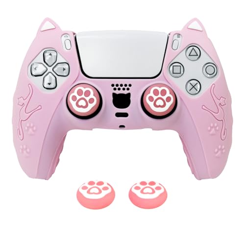 Pink Cat Ear PS5 Controller Cover - Cute Silicone Skin with Cat & Paw Prints + 2 Matching Cat Paw Thumbstick Caps | Kawaii Non-Slip Grip for PlayStation 5 Controller - color: Light Pink