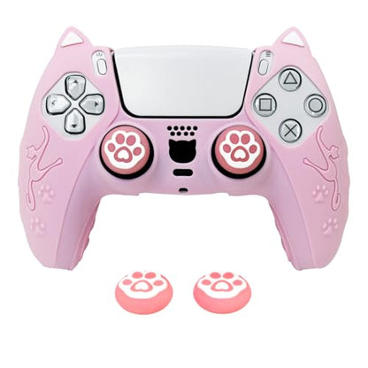 Pink Cat Ear PS5 Controller Cover - Cute Silicone Skin with Cat & Paw Prints + 2 Matching Cat Paw Thumbstick Caps | Kawaii Non-Slip Grip for PlayStation 5 Controller - color: Light Pink