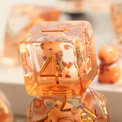 Capybara DND Dice Set with Cute Animal Inside - 7PCS Hand Made Polyhedral Resin Dice for Dungeons and Dragons RPG Games with Gold Numbers, Unique Collector Dice in Velvet Bag Gift for Gamers - color: Capybara