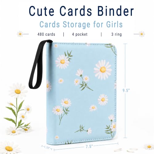 Cute Trading Card Binder for Girls for 480 Pockets, Small Cards Holder Case with Zipper for Cards Sticker Photocard Collection, 4 Pocket Blue Flower - color: Blue