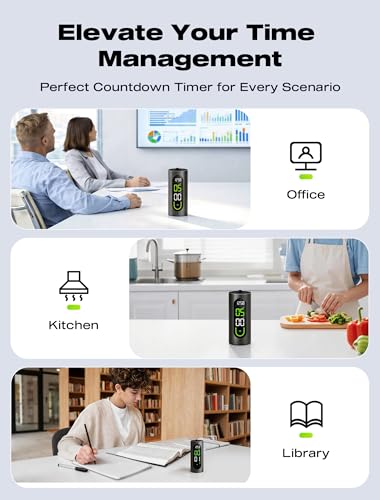 MASHI Portable Visual Digital Timer with Silent Mode and Vibration Alarm | Offers 100% silent operation,discreet vibration mode,and 3 volume levels up to 90dB for quiet offices,libraries,or kitchens.