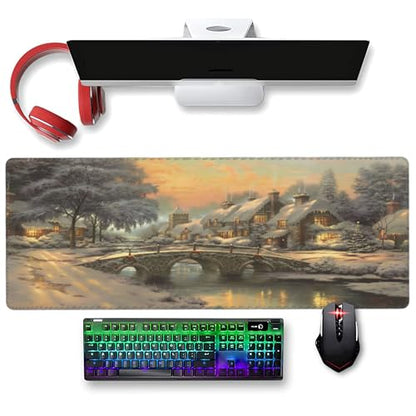 XXL Gaming Mouse Pad 35.4x15.7 inch, Christmas Art Rustic Landscape Theme Desk Mat, River Village Oil Painting Scene Large Mousepad，Fantasy Artistic Keyboard Mouse Mat (Northern Snowscape) - color: Northern Snowscape