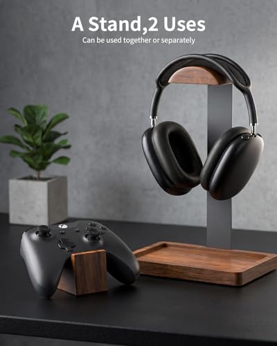 Headphone Stand and Controller Holder, 2-in-1 Walnut Wood Gaming Desk Organizer Compatible with Controllers, Display Mount for AirPods Max, Bose, Sennheiser, Gift for Gamers
