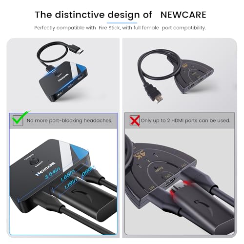 NEWCARE HDMI Switch 3 in 1 Out, 4K@60Hz HDMI Switcher with 2.6FT HDMI Cable | 3-Port HDMI Splitter Selector, HDR, HDCP 2.2, 3D, Compatible with PS5/4, Xbox, Switch 2, Fire TV Stick, HDMI 2.0, Plug & Play