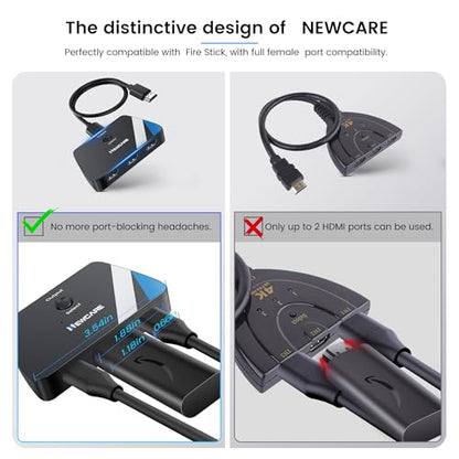 NEWCARE HDMI Switch 3 in 1 Out, 4K@60Hz HDMI Switcher with 2.6FT HDMI Cable | 3-Port HDMI Splitter Selector, HDR, HDCP 2.2, 3D, Compatible with PS5/4, Xbox, Switch 2, Fire TV Stick, HDMI 2.0, Plug & Play