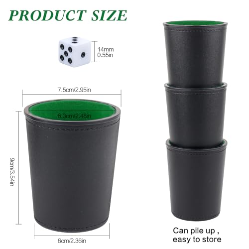 Felt-Lined PU Leather Dice Cup Set, 6 Quiet Dice Shaker Cups with 36 Dices for Bar Party Yahtzee Farkle Dice Games, Black and Green - color: Green