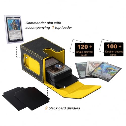 MTG Deck Box with Commander Display, Fits TCG Cards (Black&Yellow) | Holds 120 Single/100 Double-Sleeved Cards, Fit MTG/PTCG/OPTCG Cards, Strong Magnet, PU Leather, With 2 Dividers & 1 Toploader - color: Black and Yellow