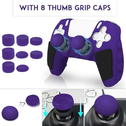 SIKEMAY Anti-Slip PS5 Controller Skin, Soft Thicken Non-Slip Silicone Gel Protective Cover Case for PlayStation 5, 2 Pack with 8 x Thumb Grip Caps - color: Purple-Black