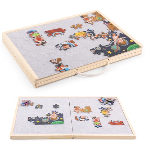 Woodtoe Small Puzzle Board with 2 Sizes, 16.1'' x 11.4'' Puzzles Board for 100 Piece, 16.1'' x 22.8'' Puzzle Table for 300 500 Jigsaw Puzzles, Wooden Felt Puzzle Tray for Kids 3+