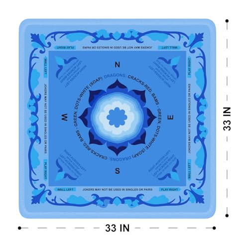 Neoprene Mahjong Mat with Rules, 33 x 33 in, Non-Slip, Blue | Noise-reducing table mat with carrying bag and 3 dice; for cards, poker, board games, tile games and dominoes - color: 33" Blue, size: 33"