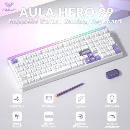 Aula Hero 99 Wired Gaming Keyboard, Hall Effect Switch with Rapid Trigger | 101Keys Hot Swap Magnetic Switch Keyboard with Number Pad, Web Driver RGB Backlit Mechanical Keyboard for Office PC Gamer - color: White Purple