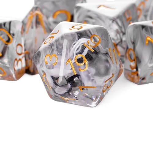 UDIXI 7PCS DND Dice Set, Resin Polyhedral D&D Dice for Role Playing Games | Black White Colors, Dreamy Effect, Velvet Dice Bag Packaging, for Dungeons and Dragons Role Playing Games and Tabletop Games - color: S-black and White