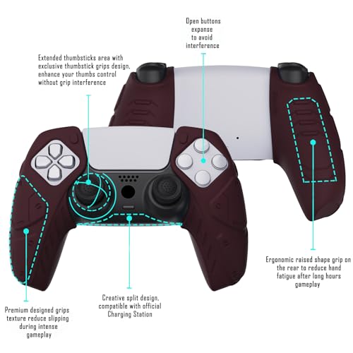 PlayVital Mecha Edition Wine Red Ergonomic Soft Controller Silicone Case Grips for ps5, Rubber Protector Skins with Thumbstick Caps for ps5 Controller - Compatible with Charging Station - color: Wine Red