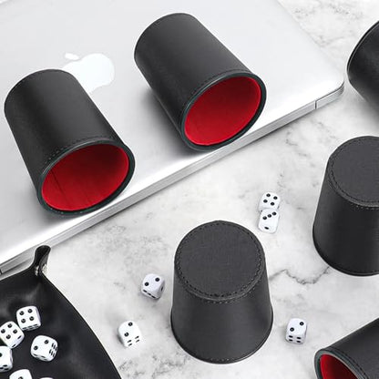 5X Dice Cup Set, PU Leather Dice Shaker Cups with 30 Dices for Bar Party Yahtzee Farkle Dice Games, Coffee (5, Black Red) | PU leather dice set with 5 felt-lined cups, 25 dice and storage case for Liar’s Dice, craps, backgammon and party games - color: Bl