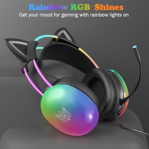 Cat Ear Gaming Headset with Microphone, RGB Rainbow Lighting, Surround Sound, 3.5mm Wired Over-Ear Headphones for PC/PS4/PS5/Switch/Laptop, Lightweight and Adjustable Headband - color: Black Cat Ears