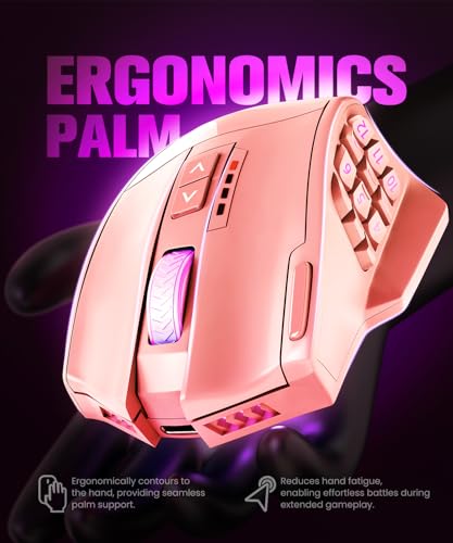 UtechSmart Venus Pro Wireless MMO Gaming Mouse, 16,000 DPI Optical Sensor, Wired/Wireless Dual Modes, 16M Chroma RGB Lighting, 16 Programmable Buttons, Ergonomic Design, Up to 70H, Pink - color: Pink