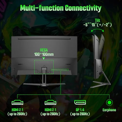 SANSUI 27 Inch 280Hz Curved Gaming Monitor,WQHD 280Hz / HD 400Hz Dual Mode,1500R Curved Computer Monitor, HDR400 135% sRGB 5000:1 Contrast Ratio, PIP/PBP,OD 1ms AI Crosshair,HDMI2.1 * 2, DP1.4,VESA - size: 27