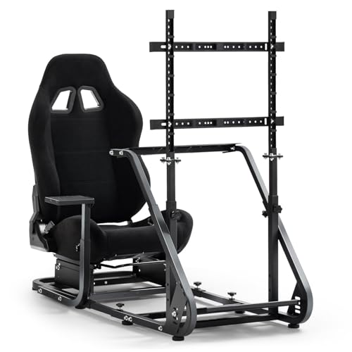Marada Racing Cockpit with Black Seat TV Stand Fit for Logitech G923 G920 | Racing Wheel Stand Height Adjustable, with for Thrustmaster T500 T3PA TGT, for Fantec, Wheel and Pedals Not Included