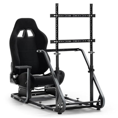 Marada Racing Cockpit with Black Seat TV Stand Fit for Logitech G923 G920 | Racing Wheel Stand Height Adjustable, with for Thrustmaster T500 T3PA TGT, for Fantec, Wheel and Pedals Not Included