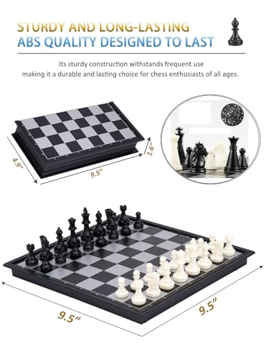 Magnetic Travel Chess Set - 9.5 Inches Small Chess Folding Board Games, Foldable & Portable Gifts Classic 2-Player Strategy Family Games Educational Toys for Teens and Adults - color: Black&white, style: Small / 9.5Inch