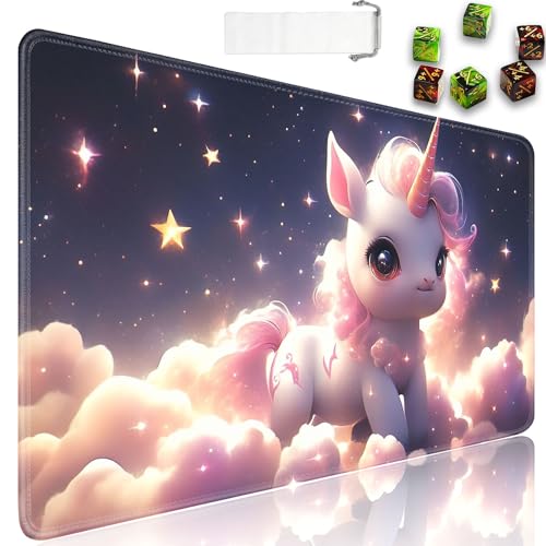 JVGFYNKL MTG Playmat + Drawstring Travel Pouch + 6 Dice Counter, for Tabletop Trading Card Game Playmats or Large Mouse Pad, Anti-Slip Rubber 24 x 14 in, Girly Unicorn in Clouds TCG Playmat - color: JV-Playmat-1-F-160