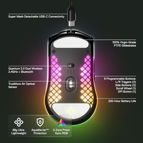 SteelSeries Aerox 3 Wireless - Holey RGB Gaming Mouse - Ultra-lightweight Water Resistant Design - 18K DPI TrueMove Air Optical Sensor- Onyx - color: Onyx, style: Gen 1