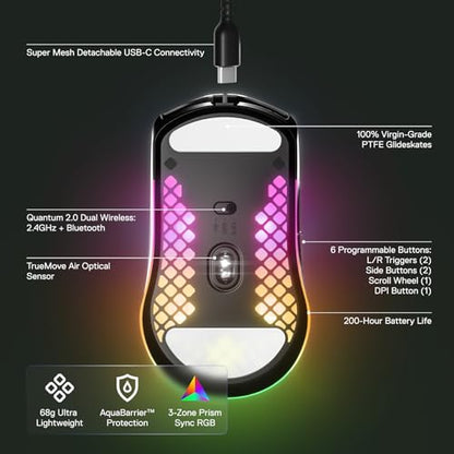 SteelSeries Aerox 3 Wireless - Holey RGB Gaming Mouse - Ultra-lightweight Water Resistant Design - 18K DPI TrueMove Air Optical Sensor- Onyx - color: Onyx, style: Gen 1