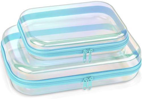 Clear Hard Shell Organizer Cases, 2 Pack | Iridescent PET shell with water-resistant, scratch-resistant surface for travel, toiletries, electronics and daily essentials - color: Blue