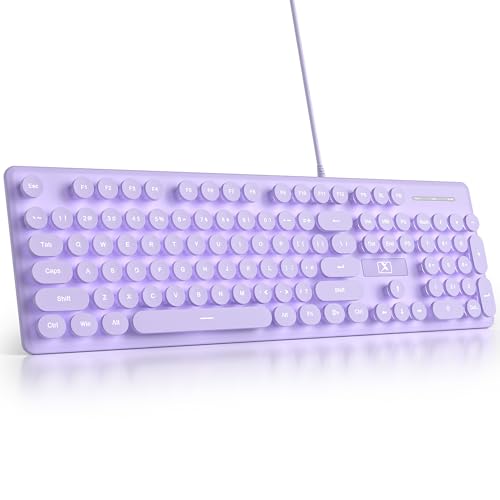 Fogruaden Wired Retro Typewriter Keyboard, Quiet Full Size Membrane Keyboard Light Up, Purple Cute Computer Keyboards, 104 Round Keys, White LED Backlit, Slim, Silent for Windows PC, Laptop - color: Purple