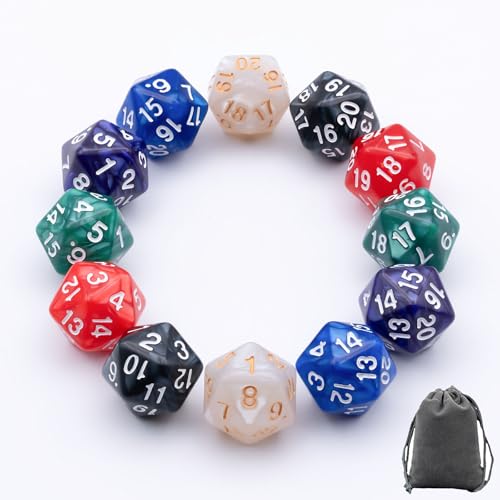 12 PCS D20 Spindown Dice Set in 6 Pearl Colors for MTG Accessories | Easy to read, 0.86 Inches 20 sided countdown D20, a grey velvet bag