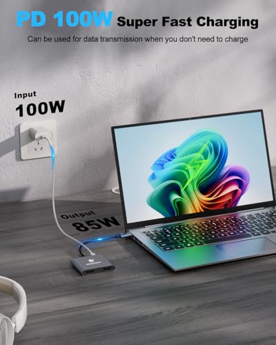 USB C to Dual HDMI Adapter 4K@60Hz, 4-in-1 HDMI Splitter for Dual Monitors, 100W PD Charging, USB A Port, Docking Station for MacBook/LenovoYoga/Thinkpad, XPS and More (macOS only Support SST Mode)
