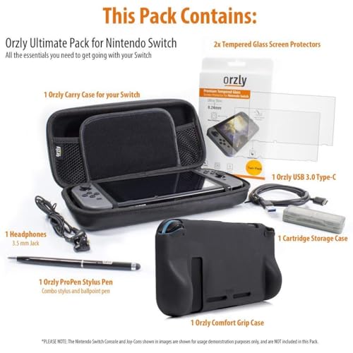 Orzly Switch 1 / Switch OLED Accessories Bundle – Case & Screen Protector for Nintendo Switch 1 (2017-2024 Console) Charge Cable, Game Holder, Comfort Grip Case, Headphones & More – Gift Box Edition - size: 6.2 inch Switch 1