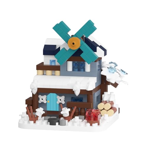 Winter Cozy Windmill Cottage Mini House Building Toy | Micro set miniature block with construction model for adults teens birthday gift. Creative cabin home decor. - style: Winter Cozy