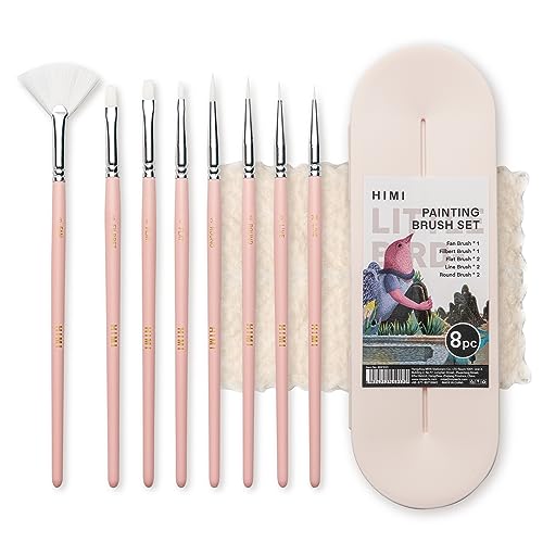 HIMI Paint Brushes Set 8 Pcs for Acrylic Oil Gouache Paint，2 Flat & 2 Round & 2 Liner &1 Filbret &1 Fan, 8pcs Brushs, Interesting Designed Nice Gift for Art hobbyist Beginners Artists (Pink,8Pcs) - color: 8pcs-pink