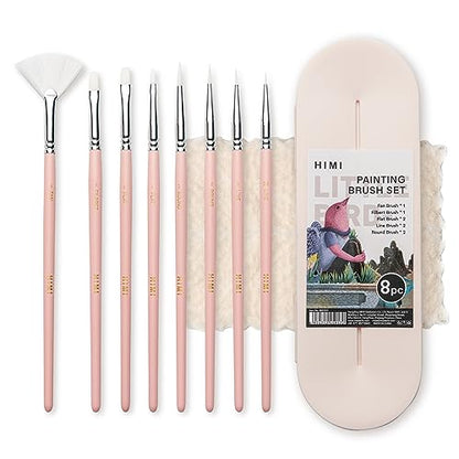 HIMI Paint Brushes Set 8 Pcs for Acrylic Oil Gouache Paint，2 Flat & 2 Round & 2 Liner &1 Filbret &1 Fan, 8pcs Brushs, Interesting Designed Nice Gift for Art hobbyist Beginners Artists (Pink,8Pcs) - color: 8pcs-pink