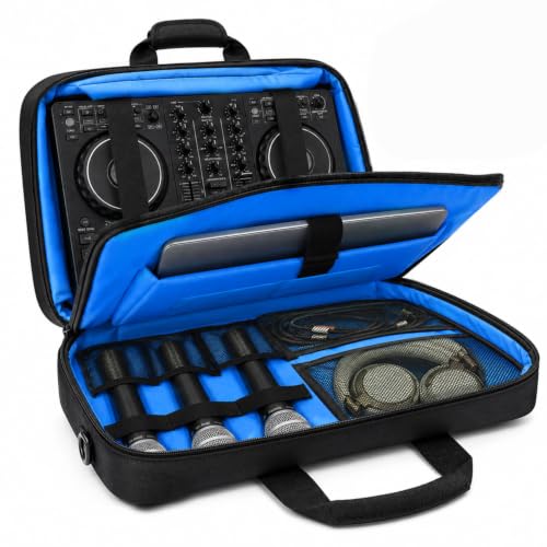 DJ Controller Case for DDJ-FLX4/REV1/400 with Laptop Compartment | Padded DJ Carrying Case, 900D Oxford, Microphone Pocket, Shoulder Strap, for Gig Travel Home Storage - color: Navy Blue