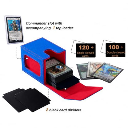 Venssu MTG Deck Box for Commander Display,Card Deck Box Fits 100 Double Sleeved Cards,TCG with 2 Dividers and 1 Toploader (Blue and Red) - color: Blue and Red