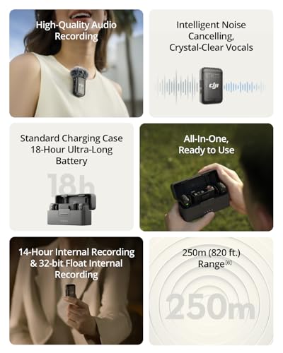 DJI Mic 2 (2 TX + 1 RX + Charging Case), All-in-one Wireless Microphone, Intelligent Noise Cancelling, 32-bit Float Internal Recording, 250m (820 ft.) Range, Microphone for iPhone, Android, Camera | Includes 2 Transmitters Plus 1 Receiver Plus Charging Ca