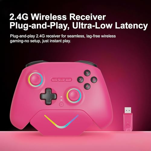 Playnex Wireless Game Controller with Charging Dock, TMR Anti-Drift Joysticks, Dual-Mode Hall Triggers, 1000Hz Polling, RGB, 2.4G/Bluetooth/USB Gamepad for PC/Nintendo Switch/Switch 2/Lite/OLED - color: Pink with Charging Dock