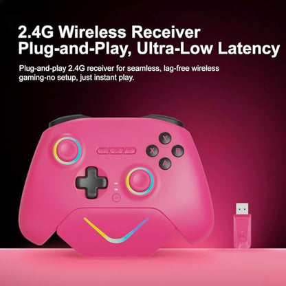 Playnex Wireless Game Controller with Charging Dock, TMR Anti-Drift Joysticks, Dual-Mode Hall Triggers, 1000Hz Polling, RGB, 2.4G/Bluetooth/USB Gamepad for PC/Nintendo Switch/Switch 2/Lite/OLED - color: Pink with Charging Dock