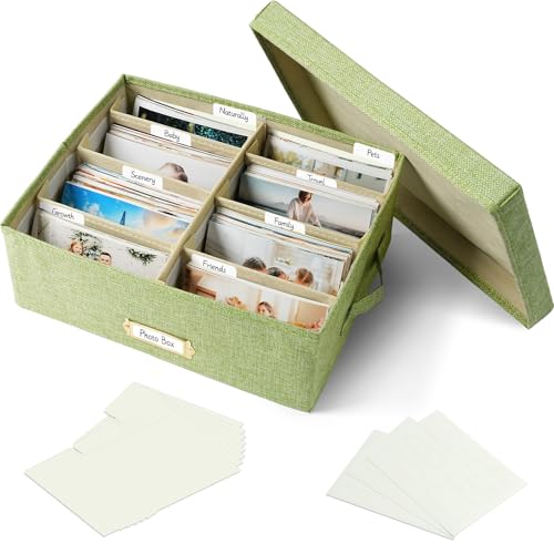 Linen Photo Storage Box with Adjustable Hook and Loop Dividers, Holds 1700 4"x6" Photos, Collapsible Picture Organizer with Handle and Label Stickers, Memory Keepsake Box for Women, Grass Green - color: Grass Green, size: 13.78"x11"x 5.12"
