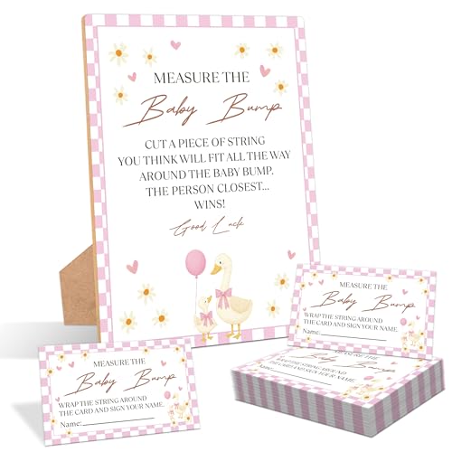 Goose Measure the Baby Bump Game, Pack of 1 Wooden Tabletop Sign with Stand and 50 Guessing Cards, Pink Goose Baby Shower Game, Gender Reveal Party Decorations - HC10 - color: Measure the Baby Bump-pink, size: Pink 5" x 7"